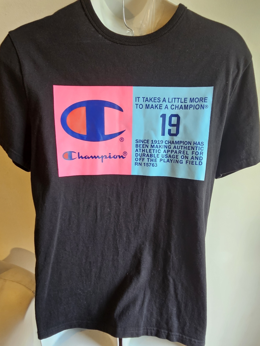 Champion Black Tee with Pink and Blue Logo Accents